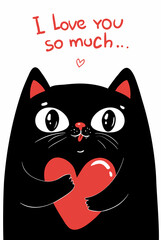 Cute black cat character holding red heart. Funny cartoon cat for Valentines day. Greeting card, banner, poster, print design ang other, baby print. White background Isolated.