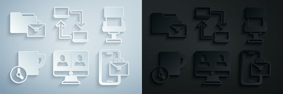 Set Video chat conference, Office chair, Time management, Freelancer, Online working and icon. Vector