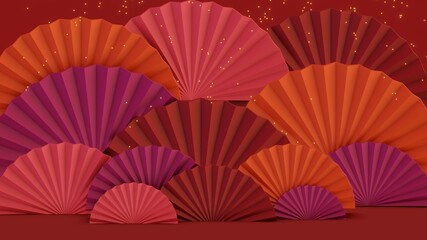 Abstract minimal scene,red color design for cosmetic or product display podium 3d render. Chinese new year, podium display mockup on red abstract background with hand paper fan. 3d rendered image.
