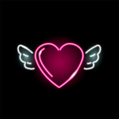 Neon icon of heart with wings isolated on black background. Love, wedding, St. Valentine Day concept. Vector 10 EPS illustration.