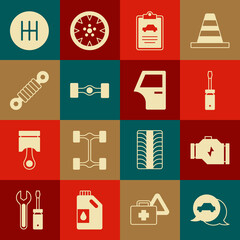 Set Car service, Check engine, Screwdriver, inspection, Chassis car, Shock absorber, Gear shifter and door icon. Vector