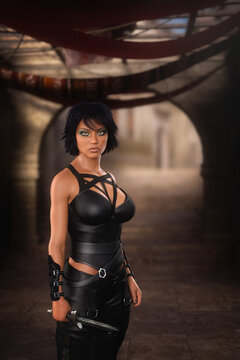 A gorgeous young woman fantasy ninja assassin character  standing in a dusty arabian street. 3D rendering portrait.