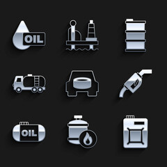 Set Spare wheel in the car, Propane gas tank, Canister for motor oil, Gasoline pump nozzle, Oil storage, Tanker truck, Barrel and drop icon. Vector