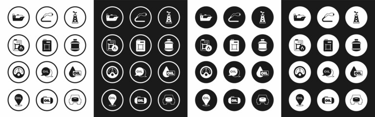 Set Oil rig, Canister for motor oil, tanker ship, Propane gas, Electrical cable plug charging, drop and Motor gauge icon. Vector