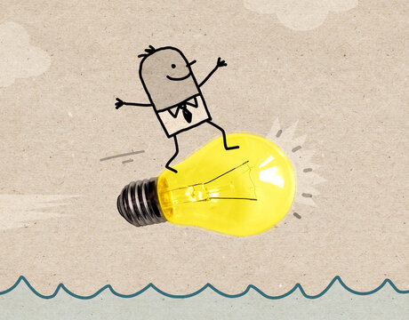 Cartoon Man Surfing on a big Light Bulb