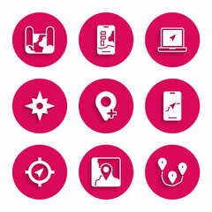 Set Location, Folded map with location marker, Route, City navigation, Compass, Wind rose, Laptop and icon. Vector