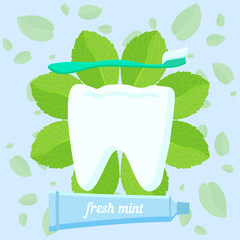Healthy white tooth with mint leaves toothbrush and a tube of toothpaste. Vector illustration of world dentist day.