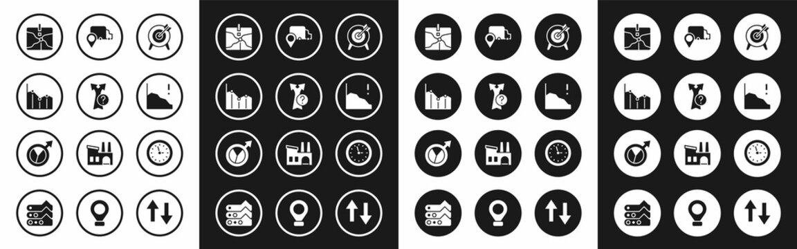 Set Target, Arrow, Pie chart infographic, Intersection point, Financial growth decrease, Delivery tracking, Clock and icon. Vector