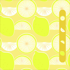 seamless patterns of yellow lemons. On a light orange background. Image of a lemon fruit. Whole fruit, round slices and halves. For use in modern design on textile, paper. For decor room