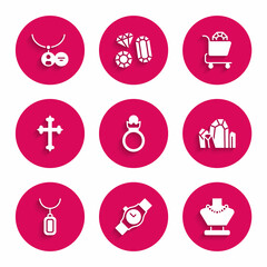 Set Diamond engagement ring, Wrist watch, Necklace mannequin, Gem stone, Pendant necklace, Christian cross, Jewelry online shopping and Locket icon. Vector