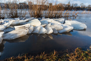 Close up view of ice drift on the frozen river. Melting ice. Flooded road. Concept of spring floods