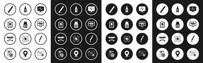 Set Heart rate, Medicine bottle and pills, Patient record, Surgery scalpel, Monitor with cardiogram, Digital thermometer, Pipette and Stretcher icon. Vector
