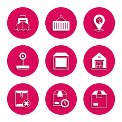 Set Carton cardboard box, Cardboard with clock, Warehouse, Delete envelope, Scale, Location and Cargo ship boxes delivery icon. Vector