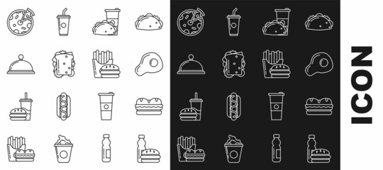 Set line Bottle of water and burger, Sandwich, Scrambled eggs, Paper glass taco with tortilla, Covered tray food, Pizza and Burger french fries in carton package box icon. Vector