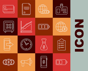 Set line Battery charge level indicator, Clipboard with checklist, Earth globe dollar symbol, earth, Pie chart infographic, Safe, Credit card and icon. Vector