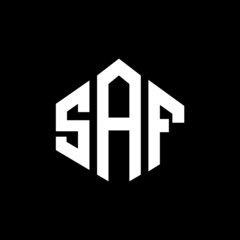 SAF letter logo design with polygon shape. SAF polygon and cube shape logo design. SAF hexagon vector logo template white and black colors. SAF monogram, business and real estate logo.