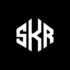 SKR letter logo design with polygon shape. SKR polygon and cube shape logo design. SKR hexagon vector logo template white and black colors. SKR monogram, business and real estate logo.