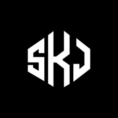 SKJ letter logo design with polygon shape. SKJ polygon and cube shape logo design. SKJ hexagon vector logo template white and black colors. SKJ monogram, business and real estate logo.