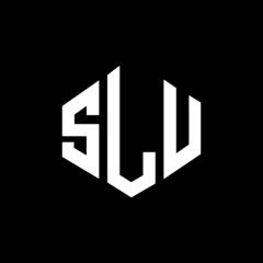 SLU letter logo design with polygon shape. SLU polygon and cube shape logo design. SLU hexagon vector logo template white and black colors. SLU monogram, business and real estate logo.