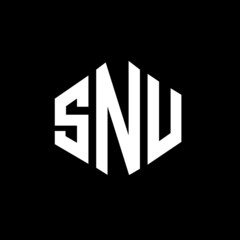 SNU letter logo design with polygon shape. SNU polygon and cube shape logo design. SNU hexagon vector logo template white and black colors. SNU monogram, business and real estate logo.