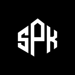 SPK letter logo design with polygon shape. SPK polygon and cube shape logo design. SPK hexagon vector logo template white and black colors. SPK monogram, business and real estate logo.