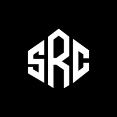 SRC letter logo design with polygon shape. SRC polygon and cube shape logo design. SRC hexagon vector logo template white and black colors. SRC monogram, business and real estate logo.