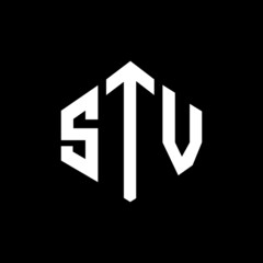 STV letter logo design with polygon shape. STV polygon and cube shape logo design. STV hexagon vector logo template white and black colors. STV monogram, business and real estate logo.