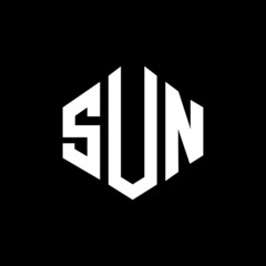 SUN letter logo design with polygon shape. SUN polygon and cube shape logo design. SUN hexagon vector logo template white and black colors. SUN monogram, business and real estate logo.