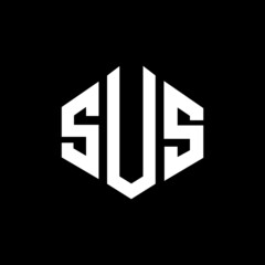 SUS letter logo design with polygon shape. SUS polygon and cube shape logo design. SUS hexagon vector logo template white and black colors. SUS monogram, business and real estate logo.