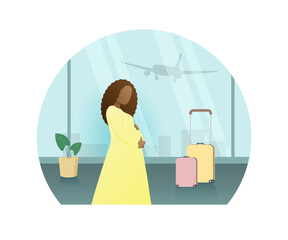 Pregnant African American  woman at the airport, the concept of flight and rest for expectant mothers. Vector illustration in a flat style