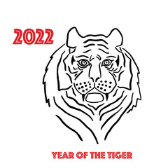 Vector image of a tiger. 2022. Chinese New Year. Eastern tradition, Asia, horoscope, graphics, drawing, illustration. Black on white.