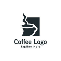 Coffee Logo. Black Square Negative Space isolated on White Background. Flat Vector Logo Design Template Element.