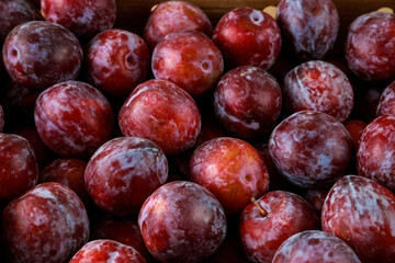 Top view of shiny sweet red plum.