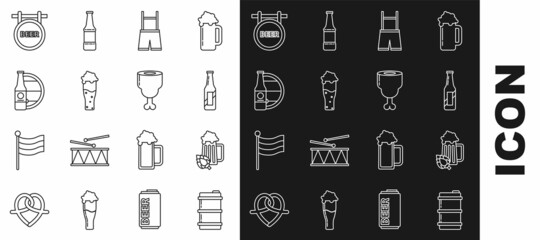 Set line Metal beer keg, Glass of and hop, Beer bottle, Lederhosen, wooden barrel, Street signboard with inscription and Chicken leg icon. Vector