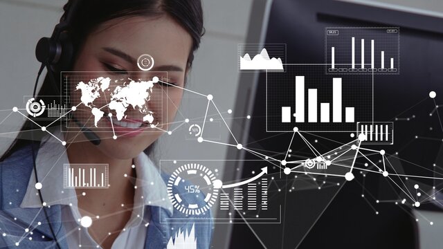 Customer support call center provide data in conceptual vision . Business and communication technology concept .