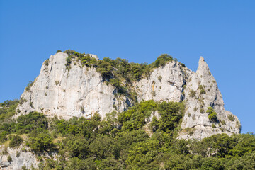 Fototapeta na wymiar The rocky summit above the Gorges de lArdeche in Europe, France, Ardeche, in summer, on a sunny day.