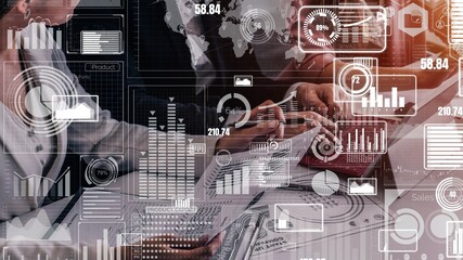 Big Data Technology for Business Finance Analytic conceptual . Modern graphic interface shows massive information of business sale report, profit chart and stock market trends analysis .