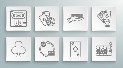 Set line Playing card with clubs symbol, Casino chips exchange on stacks dollars, spades, Slot machine, Hand holding deck playing, and Online poker table game icon. Vector