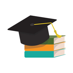 Image of a graduation hat or cap placed on top of a stack or pile of books, to resemble education, studying, learning, college life, school or a library. 