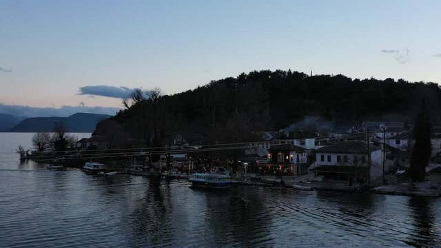 Aerial view of Ioannina city in Greece, Aslan Pasha Tzami, the lake with the island of Kyra Frosini or nissaki.
