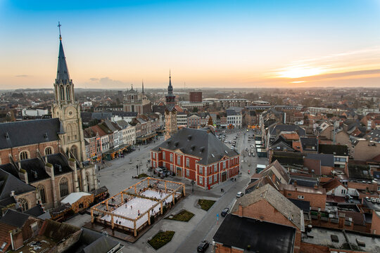 A breathtaking panorama over the city, region and Grote Markt of Sint-Truiden. A city and municipality in the Belgian province of Limburg. Photo was taken from the 65 meter high Abdijtower.