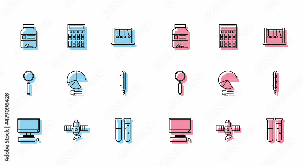 Poster set line computer monitor with keyboard and mouse, test tube flask chemical laboratory, pie chart in