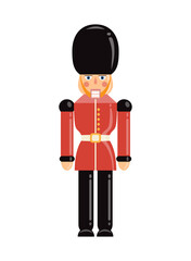 Christmas Nutcracker concept. Colorful sticker with London Guard toy in beautiful uniform. Design element for greeting cards and posters. Cartoon flat vector illustration isolated on white background