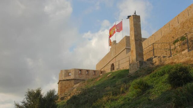 Castle Of Alcazar On Top Of A Hill, Slopes Of Sopena In Segorbe, Valencian Community Of Spain. low angle quality shot.