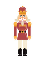 Christmas Nutcracker concept. Colorful sticker with wooden toy by man in beautiful military uniform. Design element for greeting cards. Cartoon flat vector illustration isolated on white background