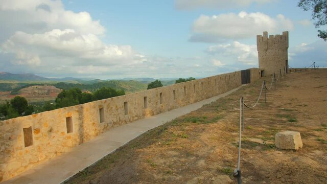 Segorbe, Castellon, Spain - January 2022. Walls of Castle Alc&aacute;zar of Segorbe (castle of star) on the slopes of Sope&ntilde;a in the town of Segorbe, in the Valencian Community of Spain on a cloudy day.