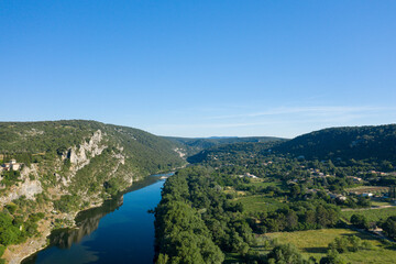Fototapeta na wymiar The town of Aigueze above the Ardeche in Europe, France, Ardeche, in summer, on a sunny day.