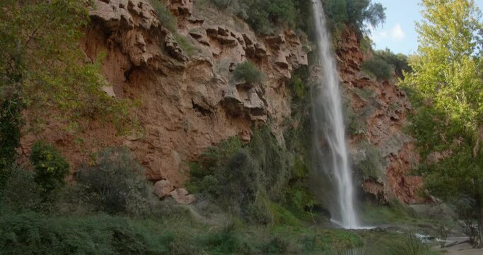 Majestic Water Cascade Of The Legendary Salto De La Novia Waterfall In Navajas, Castellon, Spain.