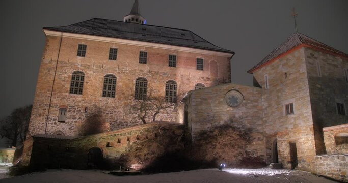 Oslo, Norway. Illuminated Medieval Building Of Akershus Fortress At Night.
