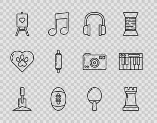 Set line Shovel in the ground, Chess symbol, Headphones, American Football ball, Wood easel or painting art boards, Rolling pin, Racket for playing table tennis and Music synthesizer icon. Vector